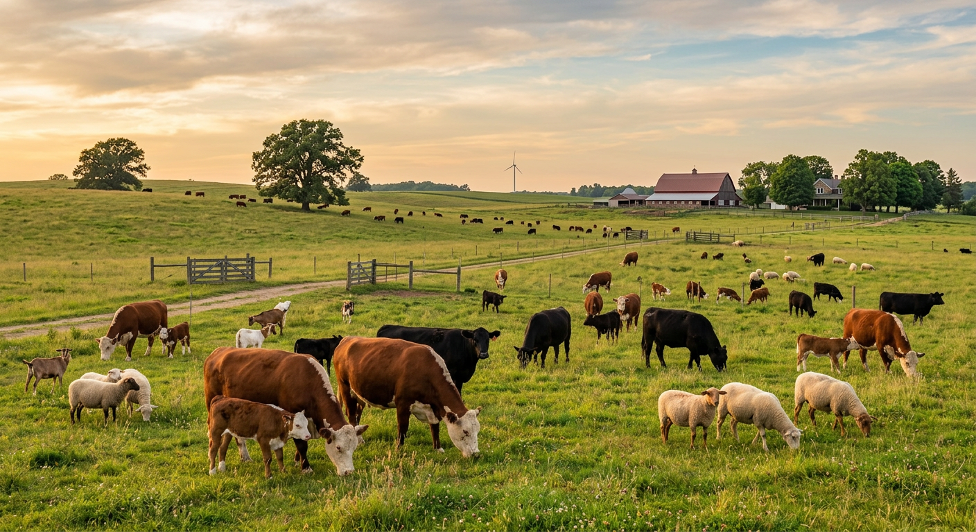 Cattle, sheep, goats grazin on a green pasture near a farm with barn and wind turbine