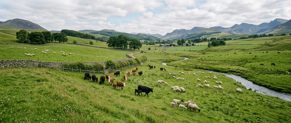 Cows and sheep grazing on green fields in a countryside valley with hills and farm buildings